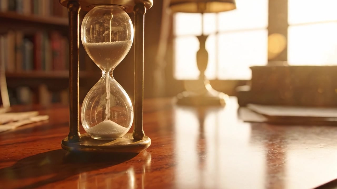 A Captivating Moment in Time: An Elegant Hourglass on a Wooden Desk Surrounded by Warm Light, Evoking a Nostalgic Ambiance of Reflection and Thoughtfulness