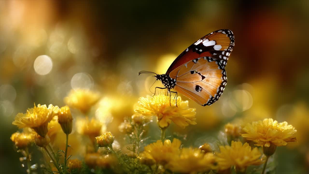 A Delicate Monarch Butterfly Perched Elegantly on Vibrant Yellow Flowers, Capturing the Essence of Nature's Beauty and the Splendor of Springtime Life