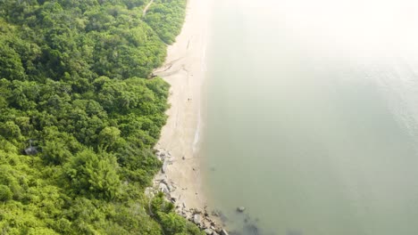 high aerial view of two people walking on a beach, tropical coast on brazilian ocean, santa catarina, brazil