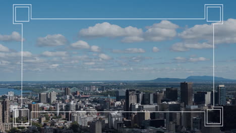 animation of rectangular scanner scope over cloudy sky and cityscape