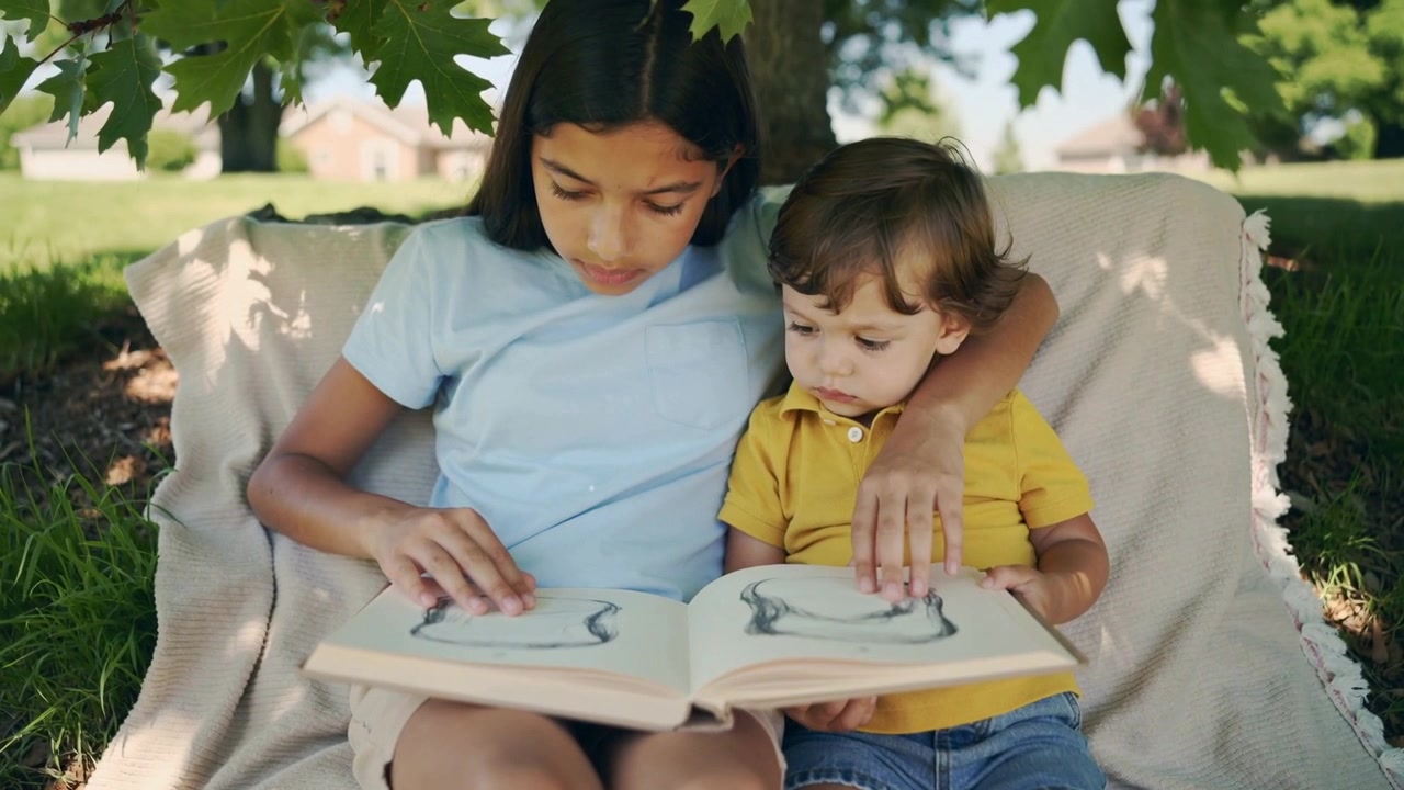 Hermana mayor abriendo un libro de imágenes y enseñando a un niño pequeño, guiándolo por las páginas sobre una manta bajo un árbol en el jardín.