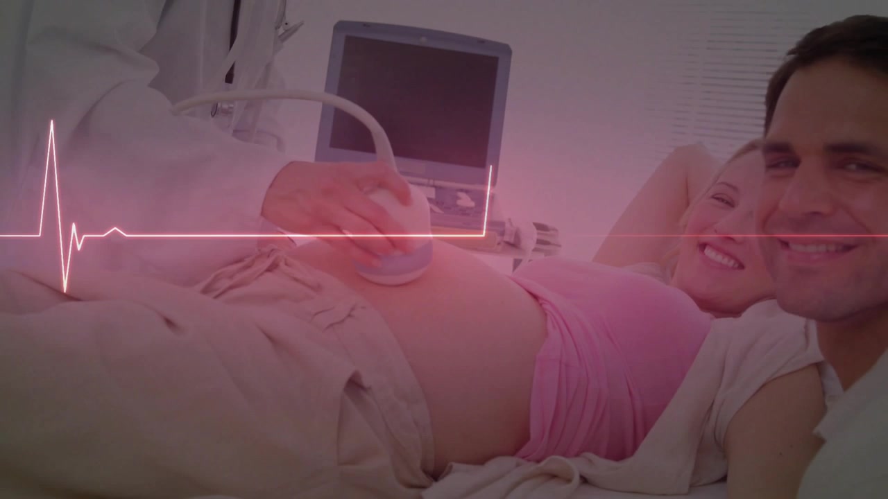 Medico che applica il gel e avvia una scansione ecografica, monitorando il battito cardiaco fetale con un'interfaccia grafica di un ECG pulsante.