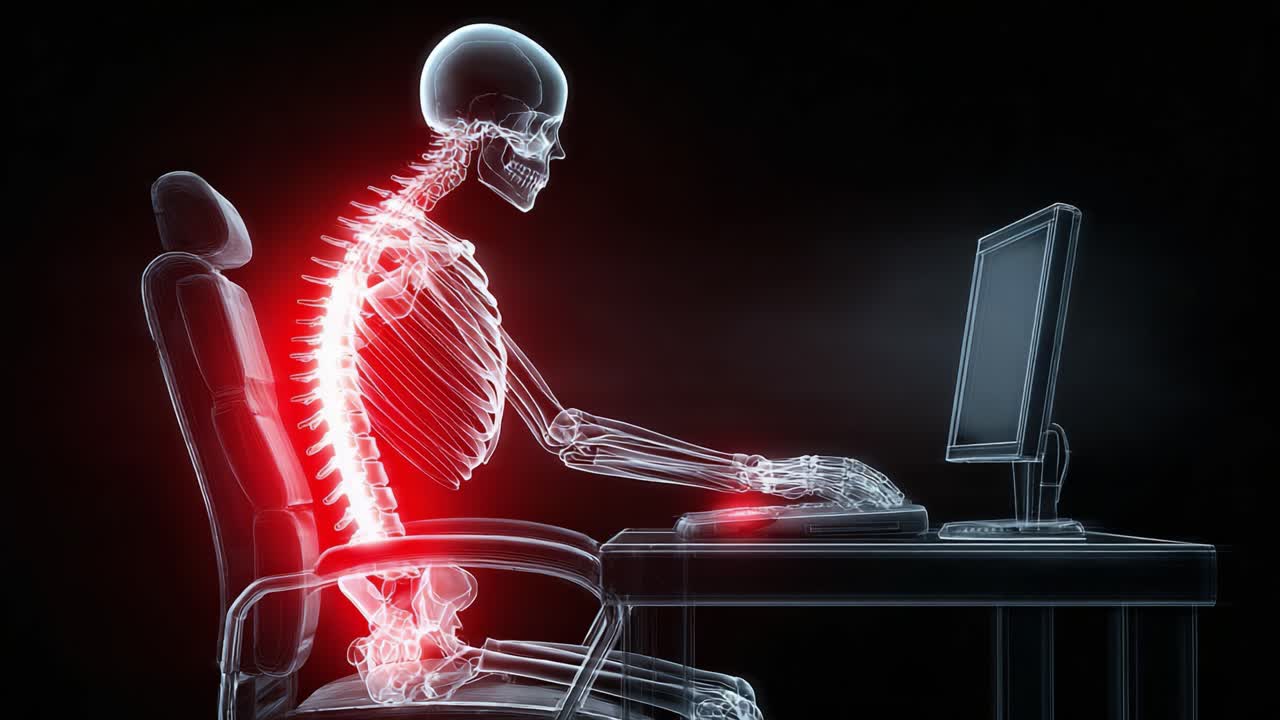 An Anatomical Study of a Skeleton Positioned at a Computer Desk, Highlighting the Spine and Posture in a Modern Office Environment
