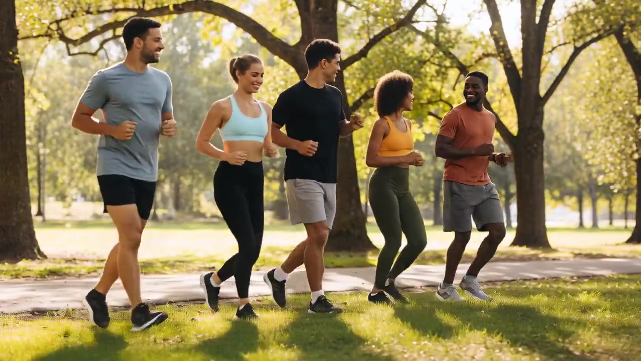 Cinque adulti che fanno jogging, indossando abbigliamento sportivo, mantenendo il passo lungo un sentiero pavimentato del parco, allenandosi per il fitness