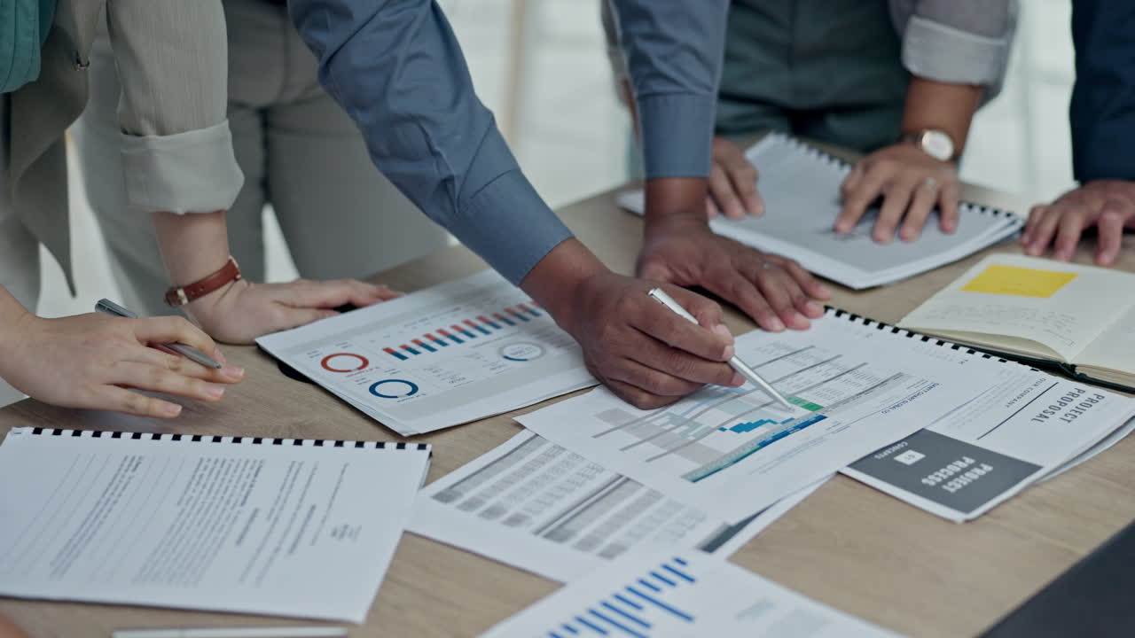 Business people, hands and writing on documents
