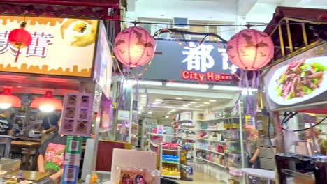 bustling market with colorful lanterns and signs