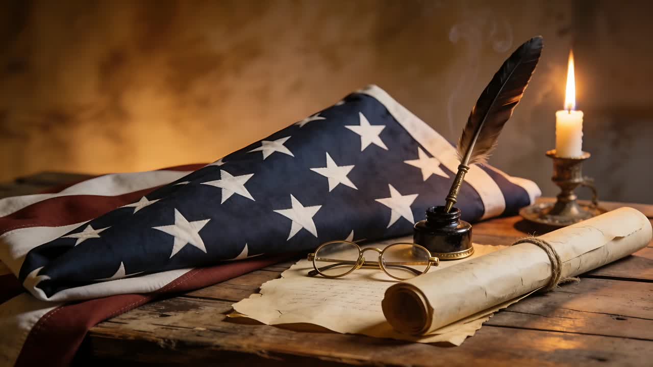 Opening on folded American flag, camera moving right and zooming, revealing quill and candle