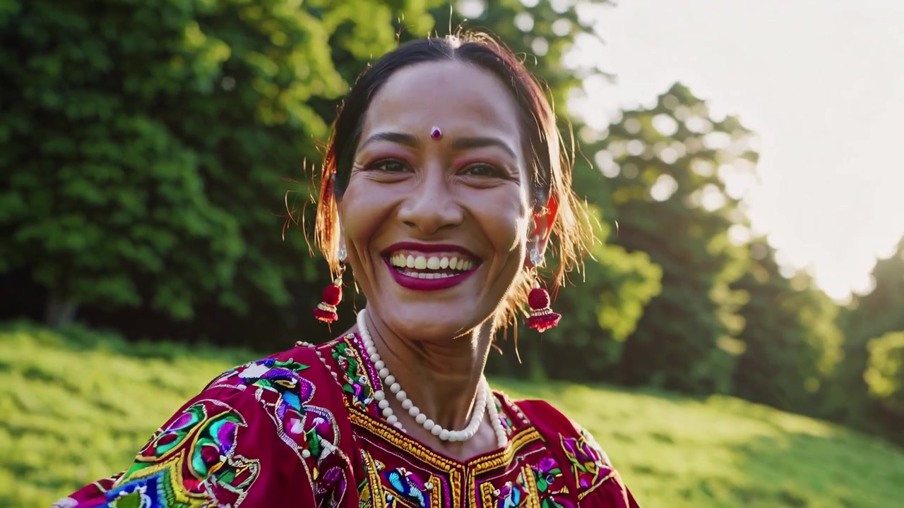 Happy Indian Woman in Traditional Clothing Smiling Outdoors at Sunset