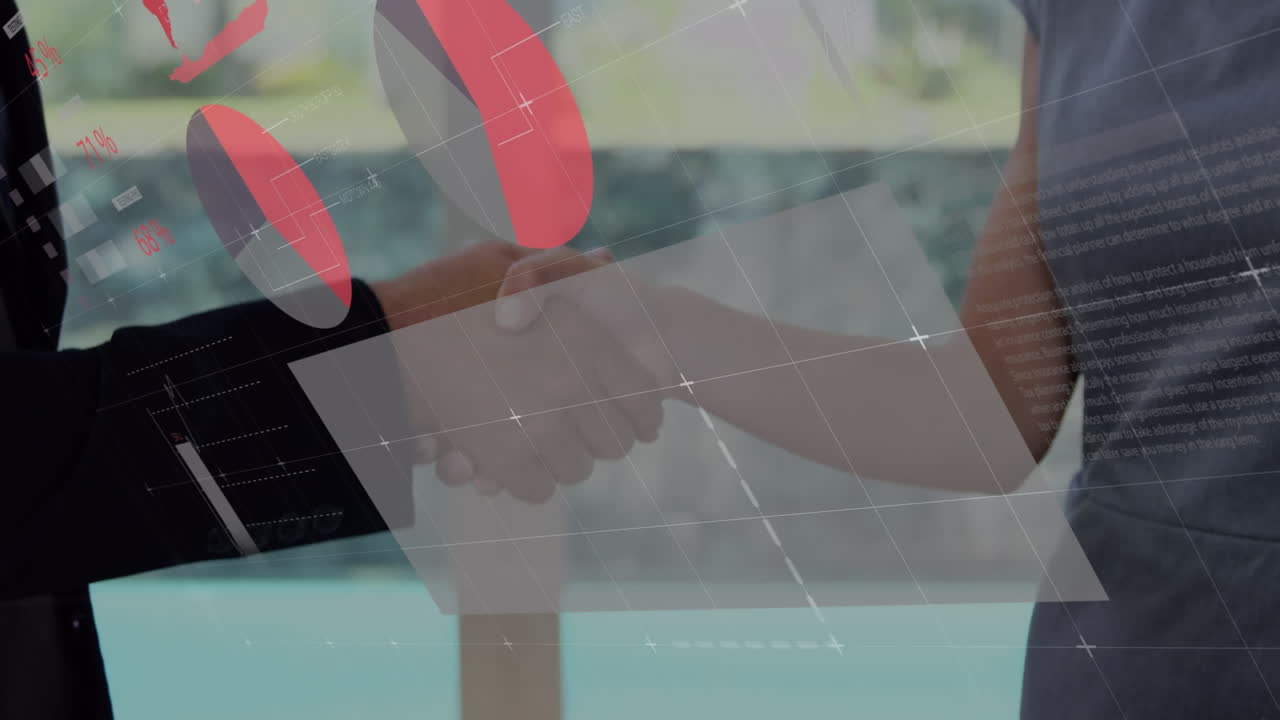 비즈니스맨과 비즈니스맨이 손을 흔드는 중간 섹션에 대한 통계 데이터 처리