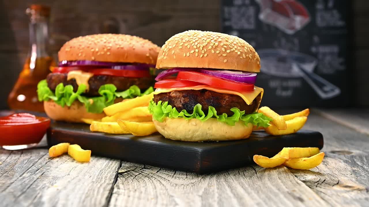 Delicious burgers with fries served on a wooden table in a restaurant. Two burgers with lettuce, tomato, cheese, and onion sit next to fries and ketchup on a wooden surface in a restaurant