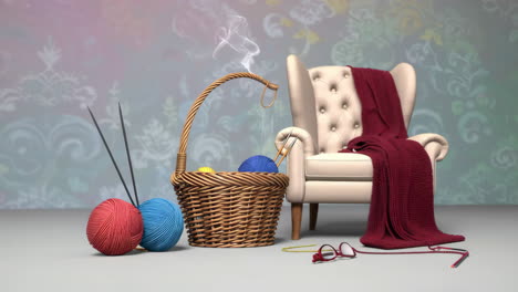 a cozy scene with knitting supplies, an armchair, and a blanket, suggesting a creative and relaxing hobby