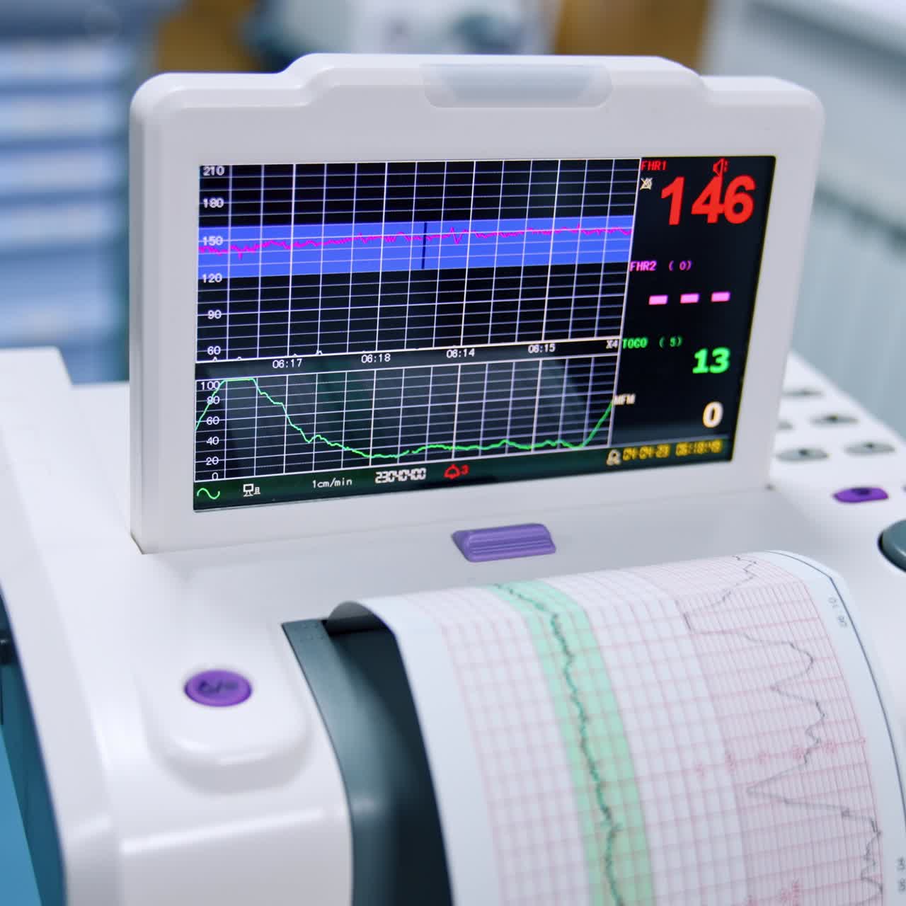 Monitor of the cardiograph working. Device for heart examination and diagnostics. Top view close up