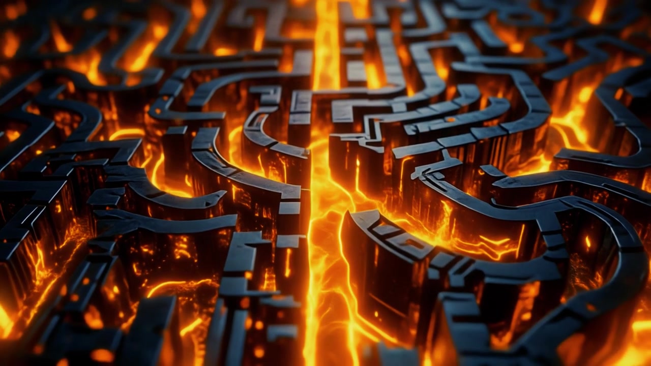 Abstract Dark Maze with Glowing Molten Lava Channels