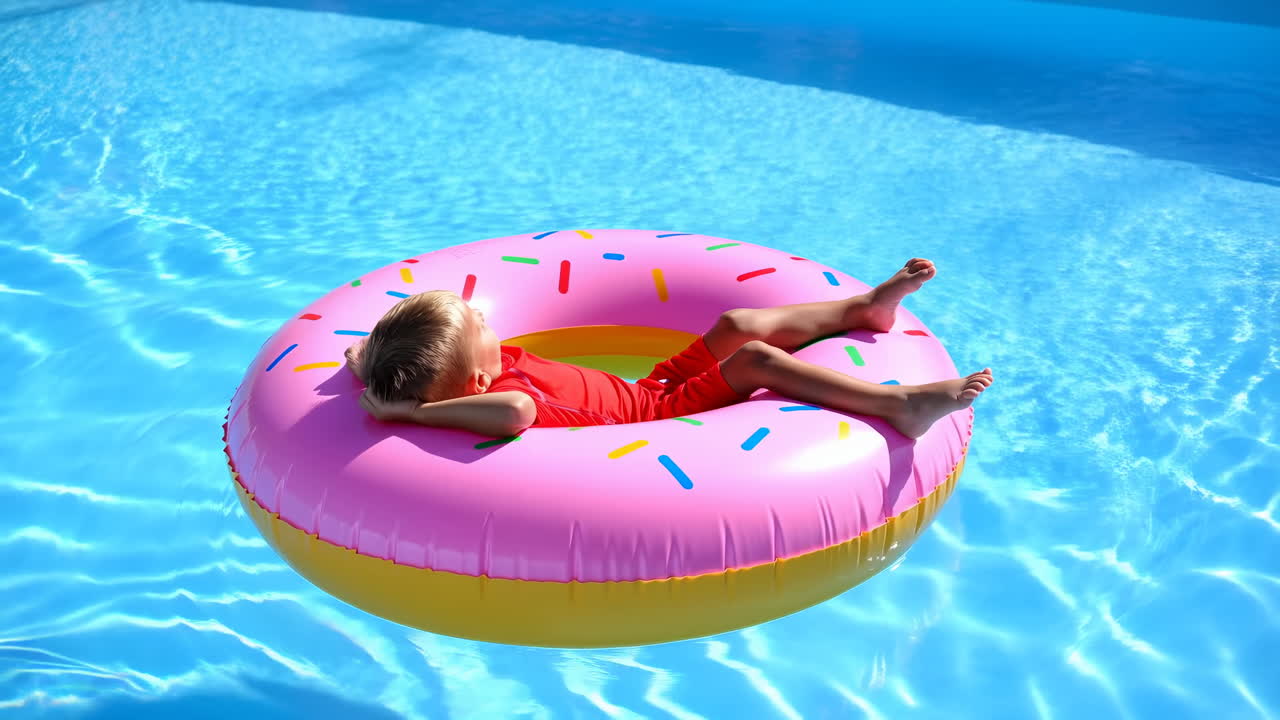 Young Boy Relaxing on Donut Float in Swimming Pool