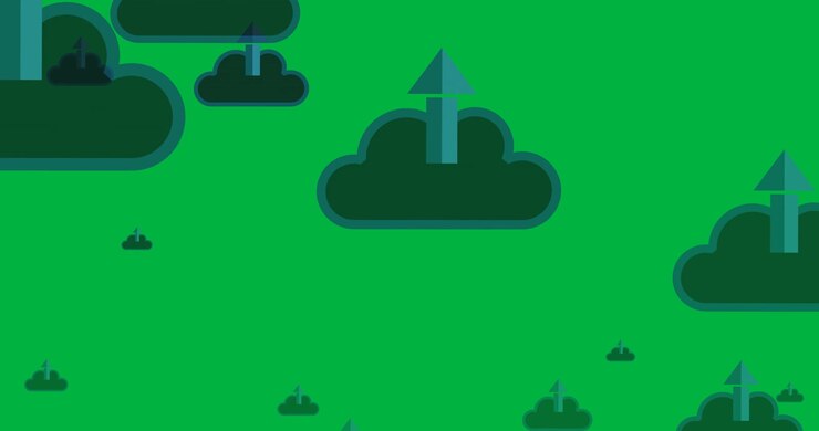 Digital animation af flere blå sky-upload-ikoner svævende mod sort baggrund