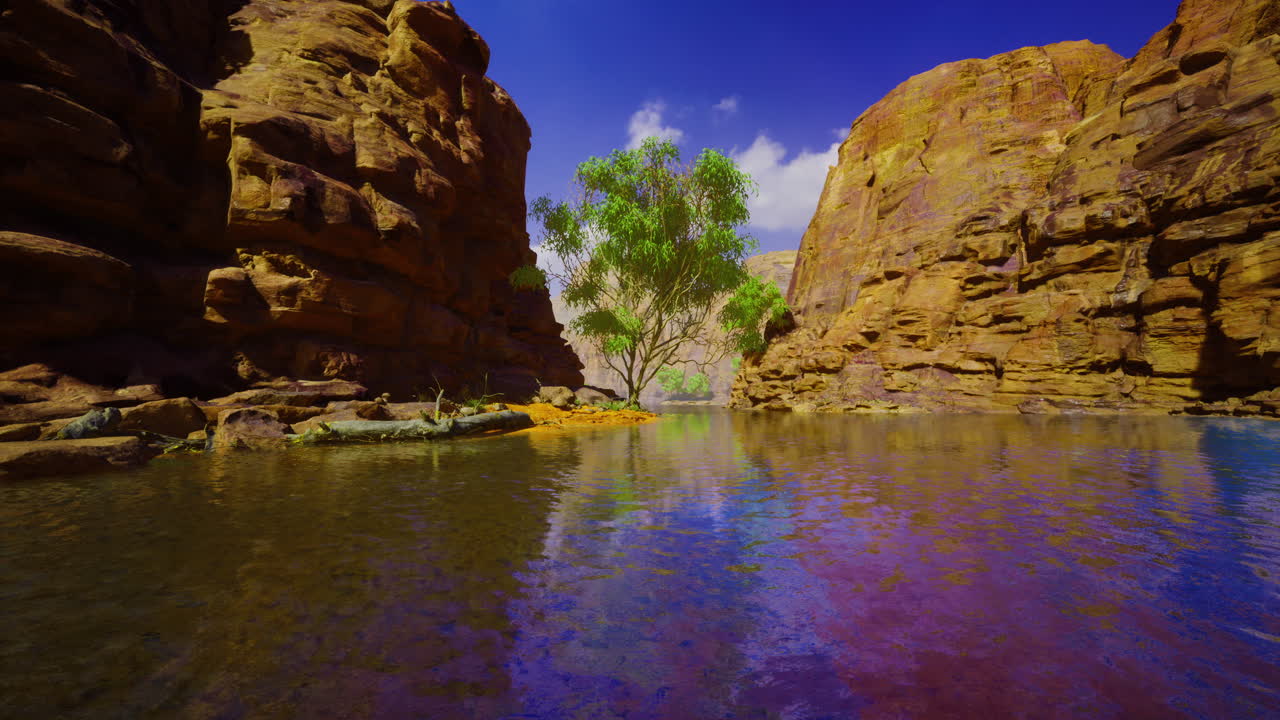 Tranquil oasis surrounded by majestic cliffs under a bright blue sky