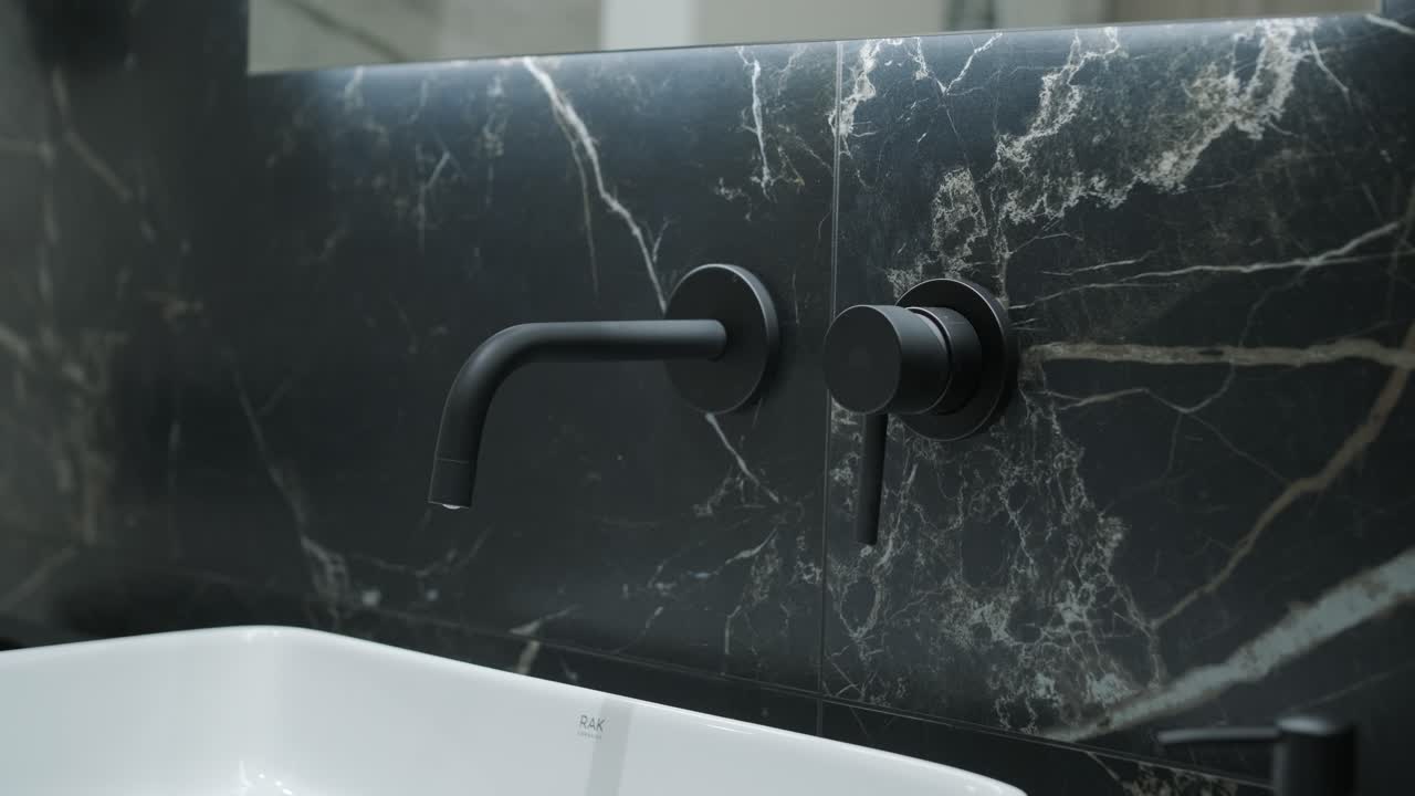 대리석 억양과 수직 조명을 가진 현대적인 욕실