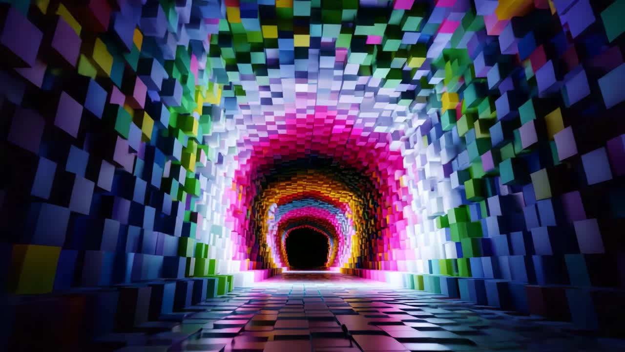 Vibrant Abstract Tunnel: A Stunning Journey Through a Multi-Hued Passageway of Colorful Blocks, Inviting the Viewer into a Mesmerizing Perspective of Light and Shadow. An Intriguing Visual Experience Awaits