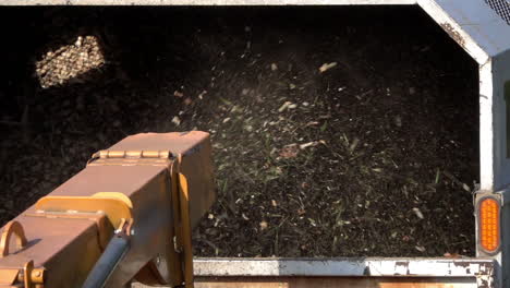 close-up of wood chips expelled from chute of wood chipper into the back of a truck in slow motion