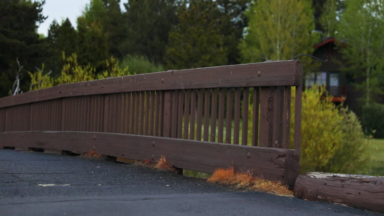 낮에 드러난 시골집이 있는 작은 다리