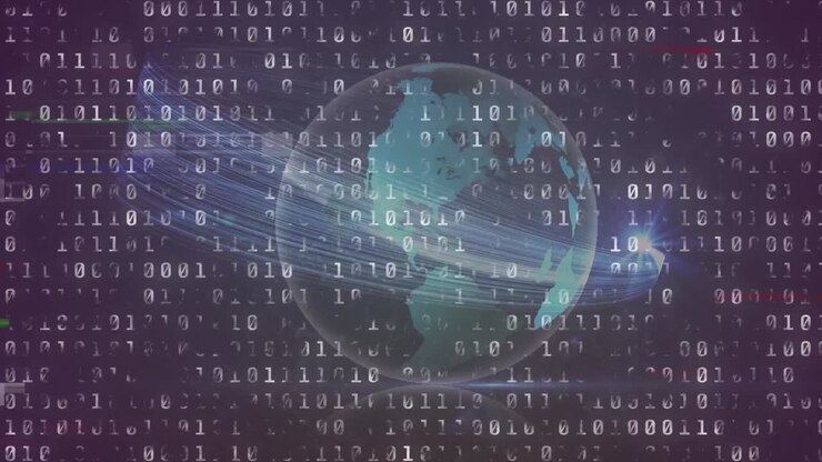 Animation of rotating globe, glitch and binary code on violet background