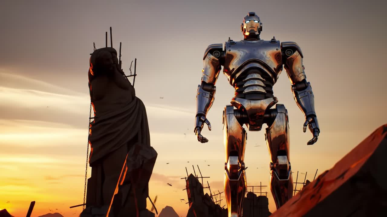 A Mesmerizing Encounter Between a Giant Robot and a Majestic Sculpture at Sunset, Capturing the Essence of Futuristic Art and Architectural Ruins in a Dystopian Landscape