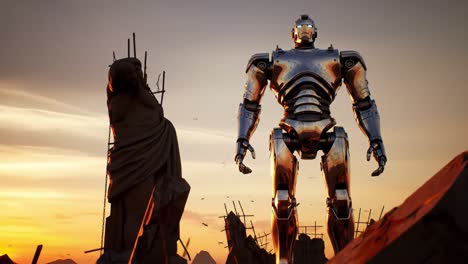 a mesmerizing encounter between a giant robot and a majestic sculpture at sunset, capturing the essence of futuristic art and architectural ruins in a dystopian landscape