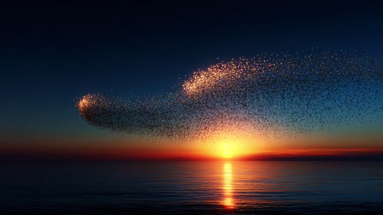 A mesmerizing dance of starlings as they form intricate patterns against a stunning sunset, reflecting on the water's surface, showcasing the beauty of nature in perfect harmony