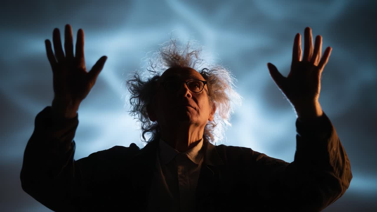Una silhouette accattivante di una persona con capelli sciolti e occhiali, che alza le mani su uno sfondo incantevole e luminoso, evocando un senso di curiosità e meraviglia