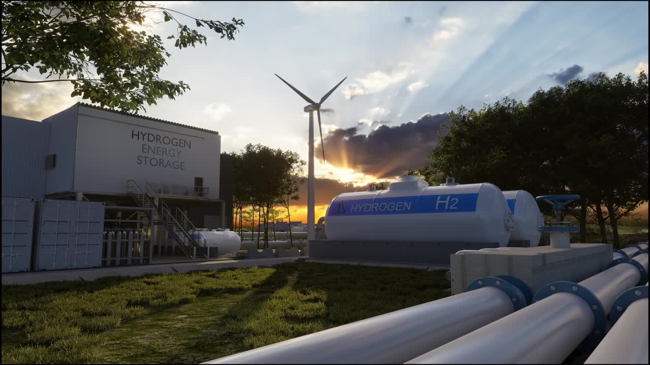 수소 재생 에너지 생산 - 깨한 전기를위한 수소 가스 태양 및 풍력 터빈 시설 3d 렌더링