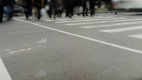 animation of digital data processing over people crossing street in fast motion