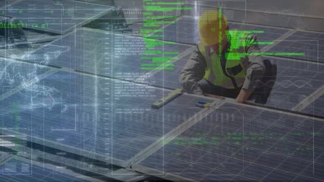 animation of data processing over caucasian engineer working at solar power station