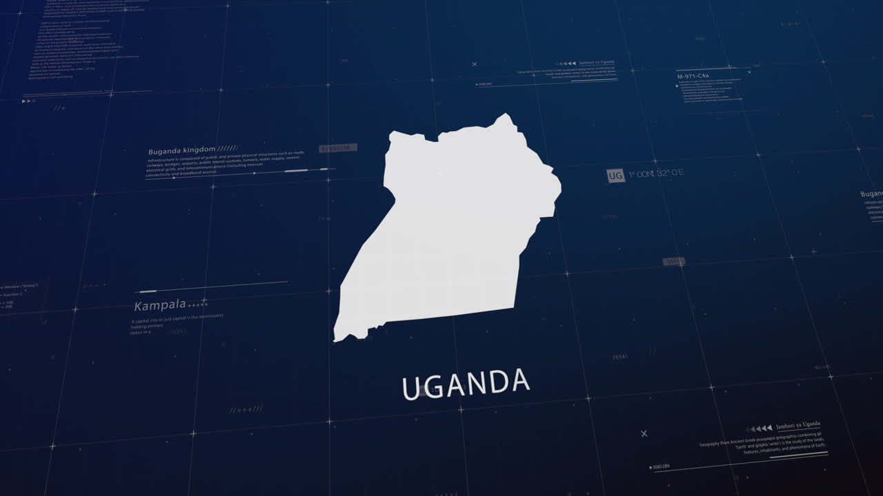 Uganda country map comes to life with cinematic panning, unveiling key details, the capital, and slogan, providing an engaging background for corporate and commercial use