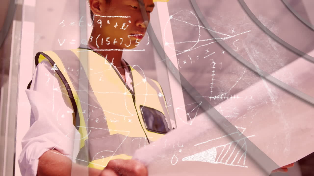 Mathemathical equations and arrows going down against male architect looking at blueprints