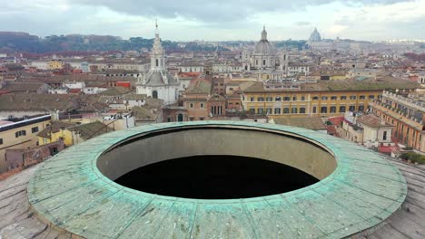 aerial drone view of the iconic pantheon basilica built as a temple for all the gods of ancient rome and rebuilt by emperor hadrian around 126 ad, rome, italy