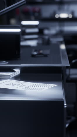 close-up of a clean and organized office desk with a desk lamp, computer, keyboard, mouse, paper documents and other office supplies.