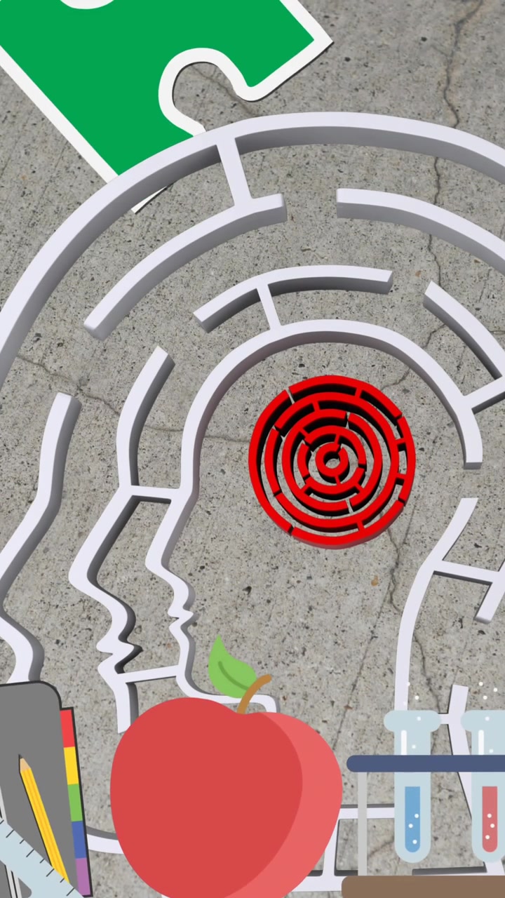 Animation of puzzles falling over human brain with maze and learning icons on grey background