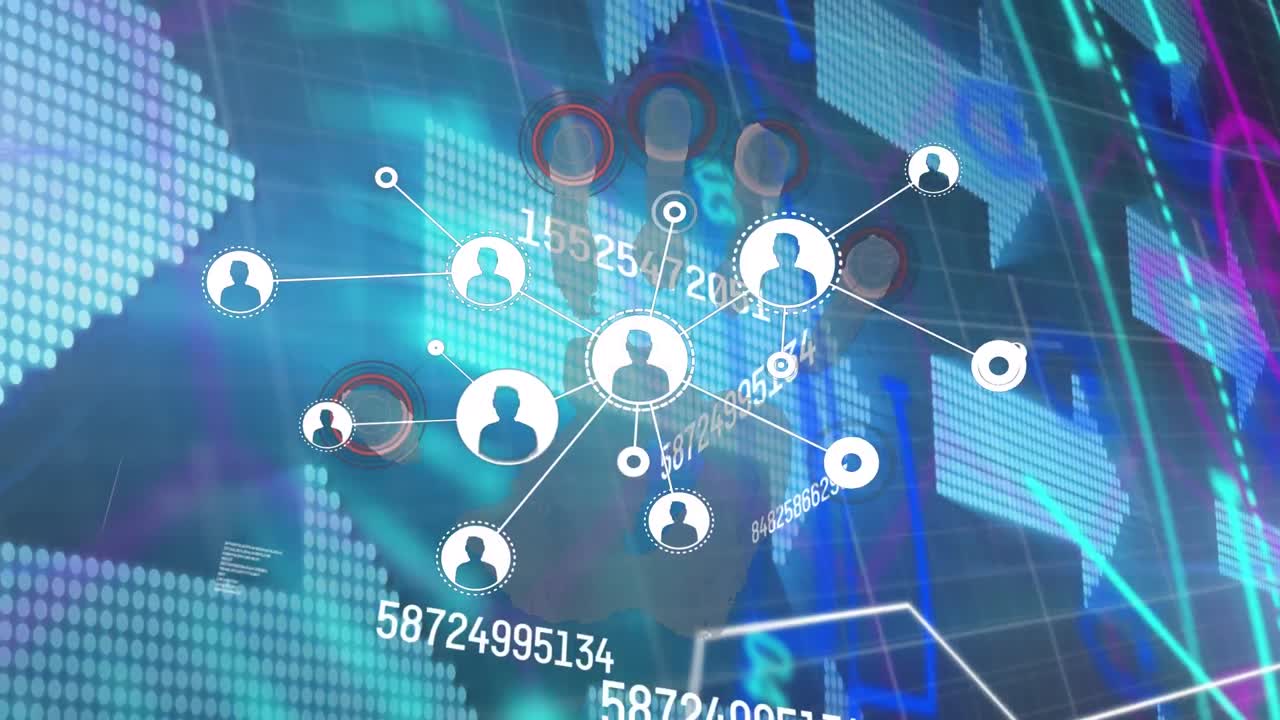 Animation of network of connections with user icons over blue background with arrows