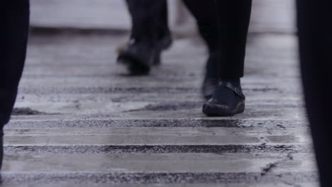 slow motion. people's feet, walking across a crosswalk on a wet day. new york city traffic. rain, manhattan nyc