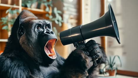 a gorilla holding a megaphone in its mouth