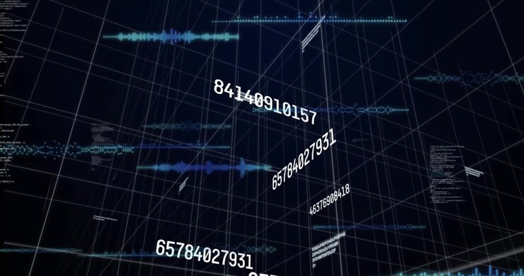 A digital interface with an equalizer and data processing against a black background