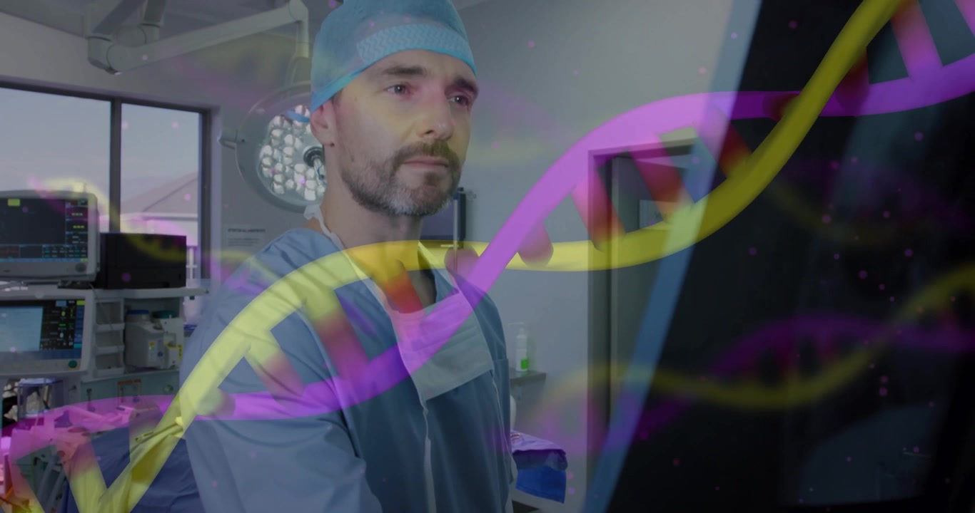 Zdravotnický pracovník sledující displej na operačním sále, s plovoucími grafikami DNA šroubovice zobrazujícími data pacienta.