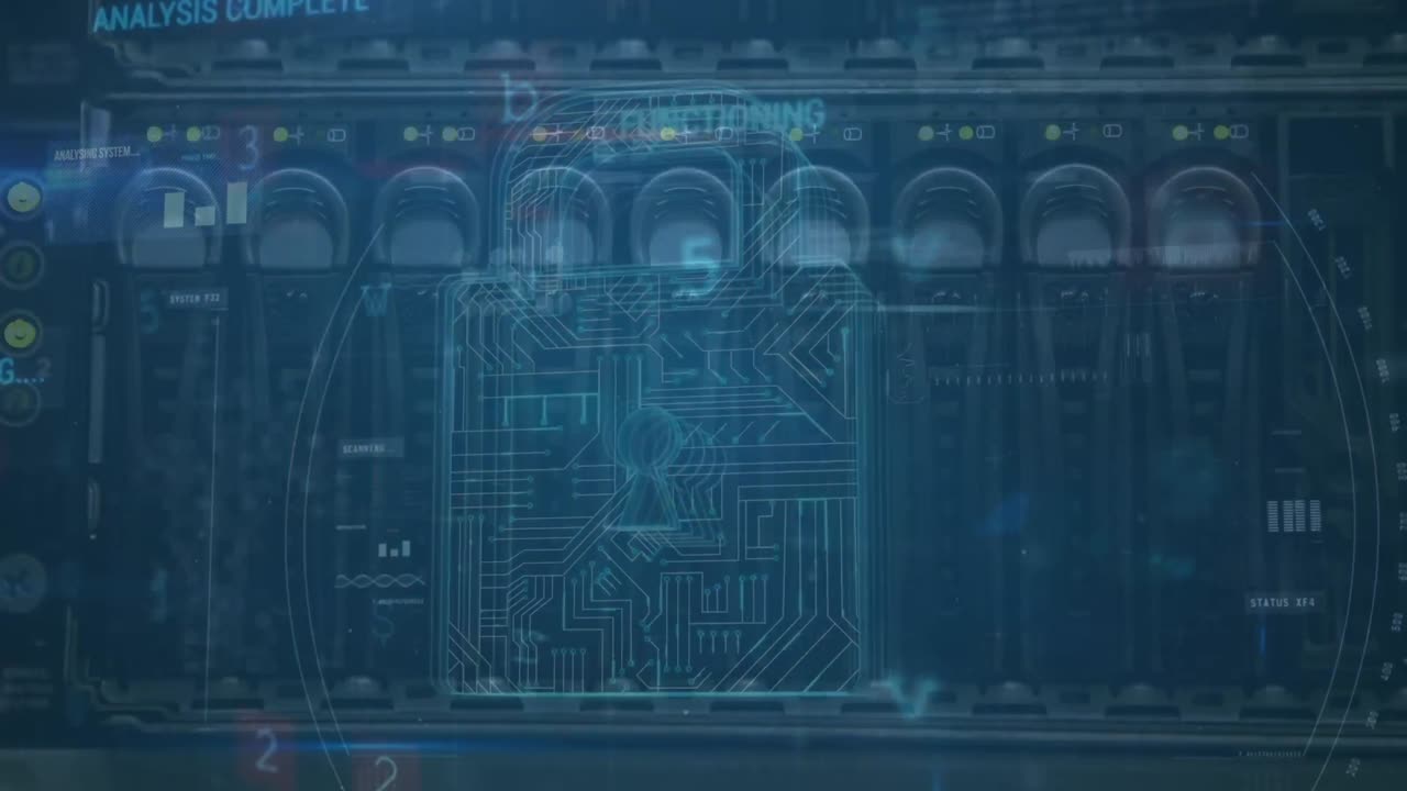 Animation of padlock and data processing over server