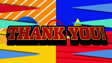 animation of thank you text against colorful abstract shapes in seamless pattern on green background