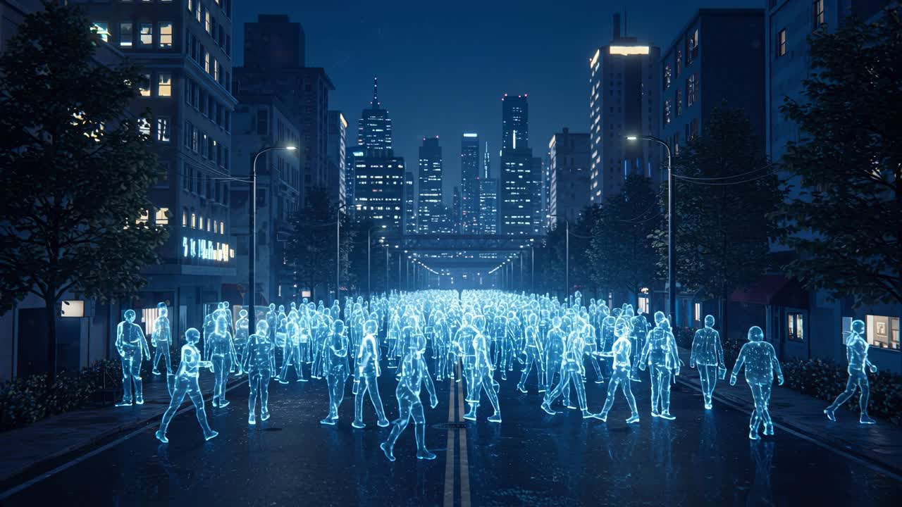 Digital crowd simulation in a futuristic city at night showcasing glowing figures on the busy streets