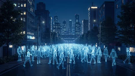 digital crowd simulation in a futuristic city at night showcasing glowing figures on the busy streets