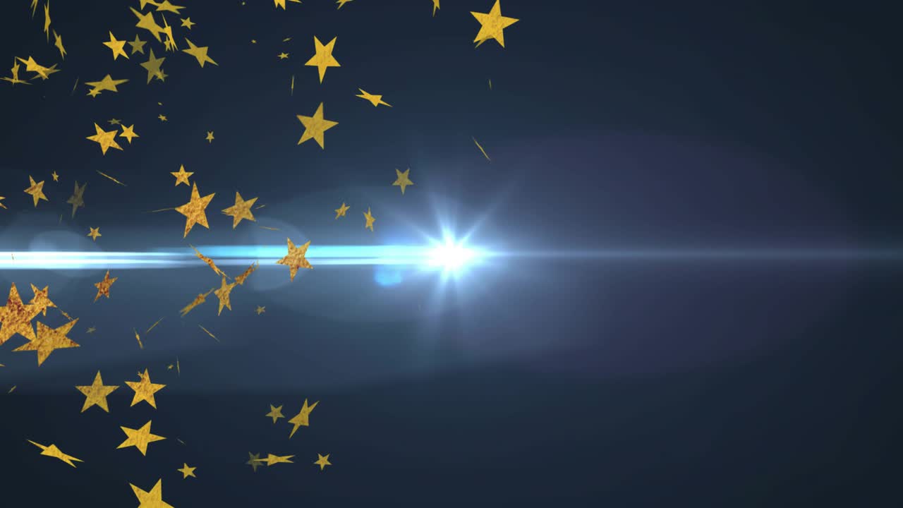 Emerging star cluster drifting inward while beam intensifying into lens flare to create cosmic glow