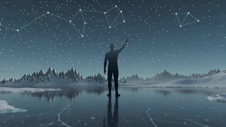 Spotting star lines, silhouetted man raising right arm on frozen lake in fitted coat and boots