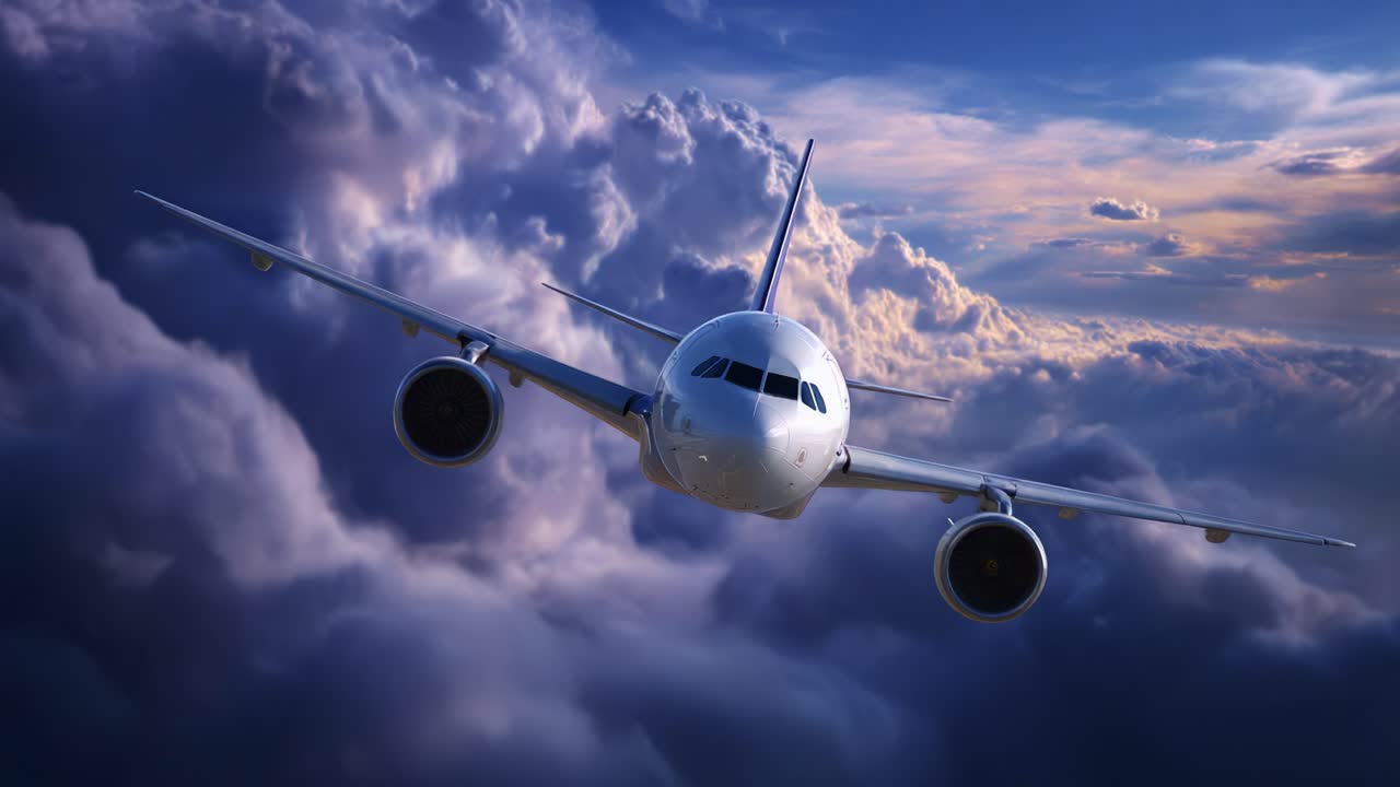 Un maestoso aereo commerciale che solca maestosi cieli nuvolosi, a rappresentare l'eccellenza dell'aviazione e la moderna tecnologia dei trasporti