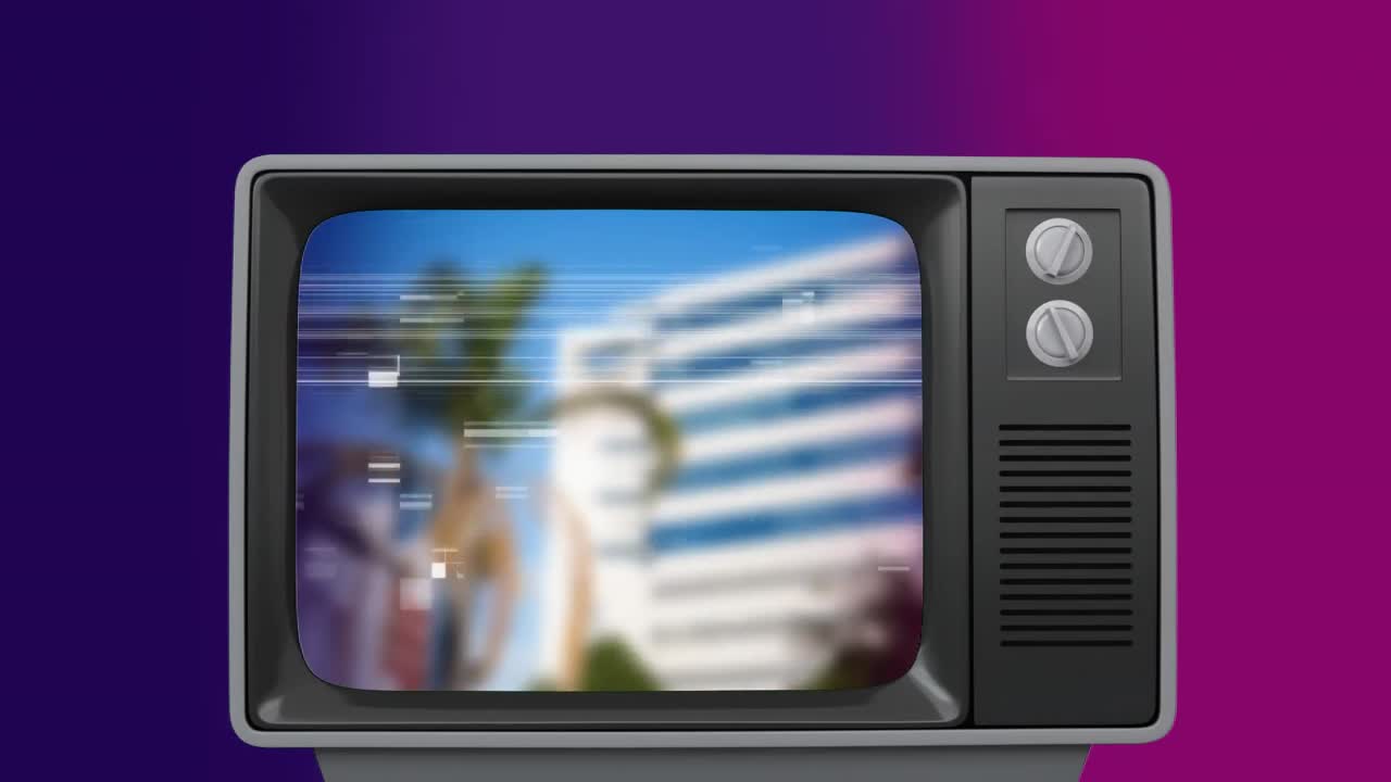 Retro televize se zapne, objeví se palma a budova, a pak se vypne.